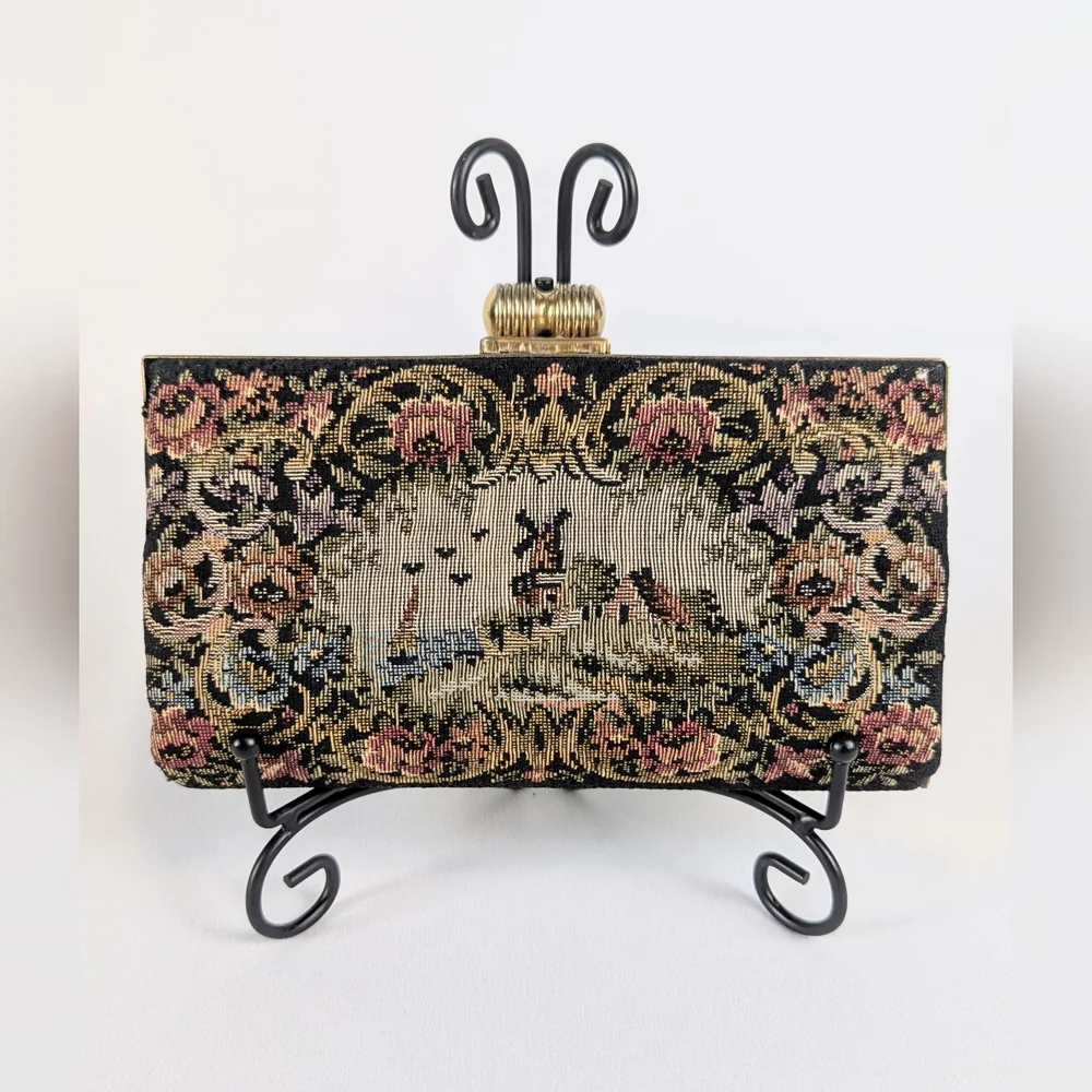 Vintage Armando del Storti Needlepoint Tapestry Clutch Italian Windmill Brass